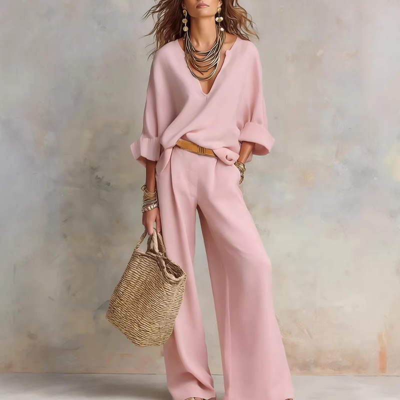 Consuelo | Conjunto de 2 piezas para mujer: top con cuello en V y pantalón de pierna ancha.