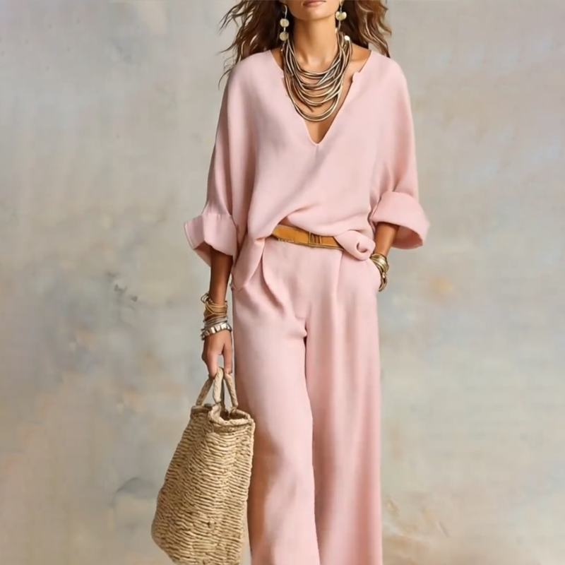 Consuelo | Conjunto de 2 piezas para mujer: top con cuello en V y pantalón de pierna ancha.