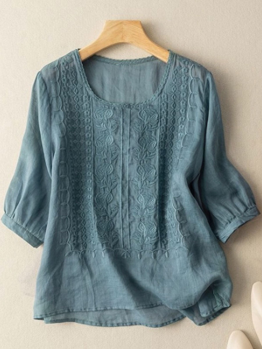 Amaia | Camiseta de mujer de algodón y lino con flores