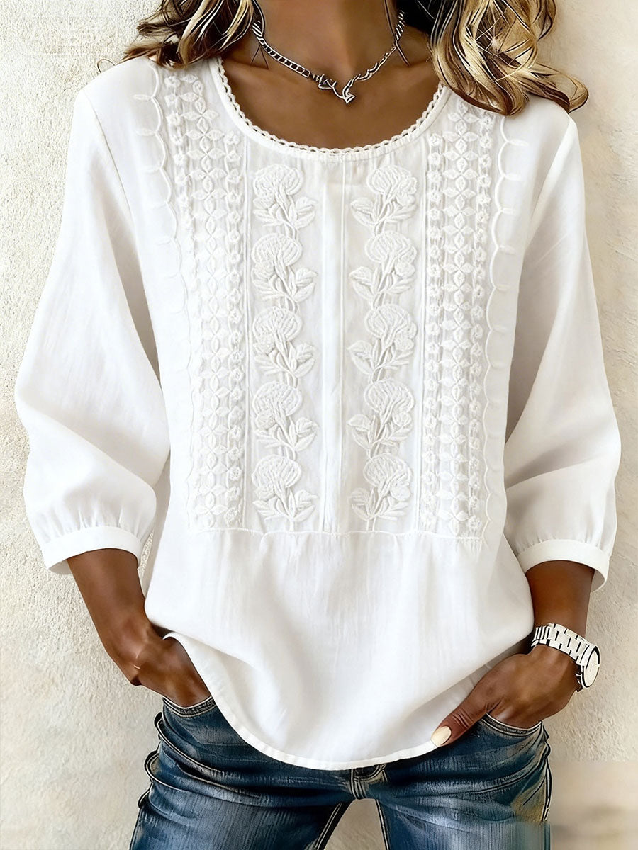 Amaia | Camiseta de mujer de algodón y lino con flores
