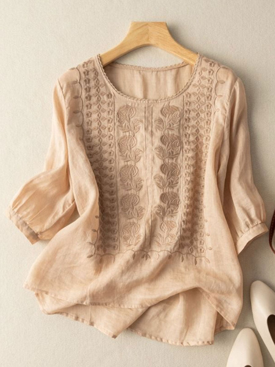 Amaia | Camiseta de mujer de algodón y lino con flores