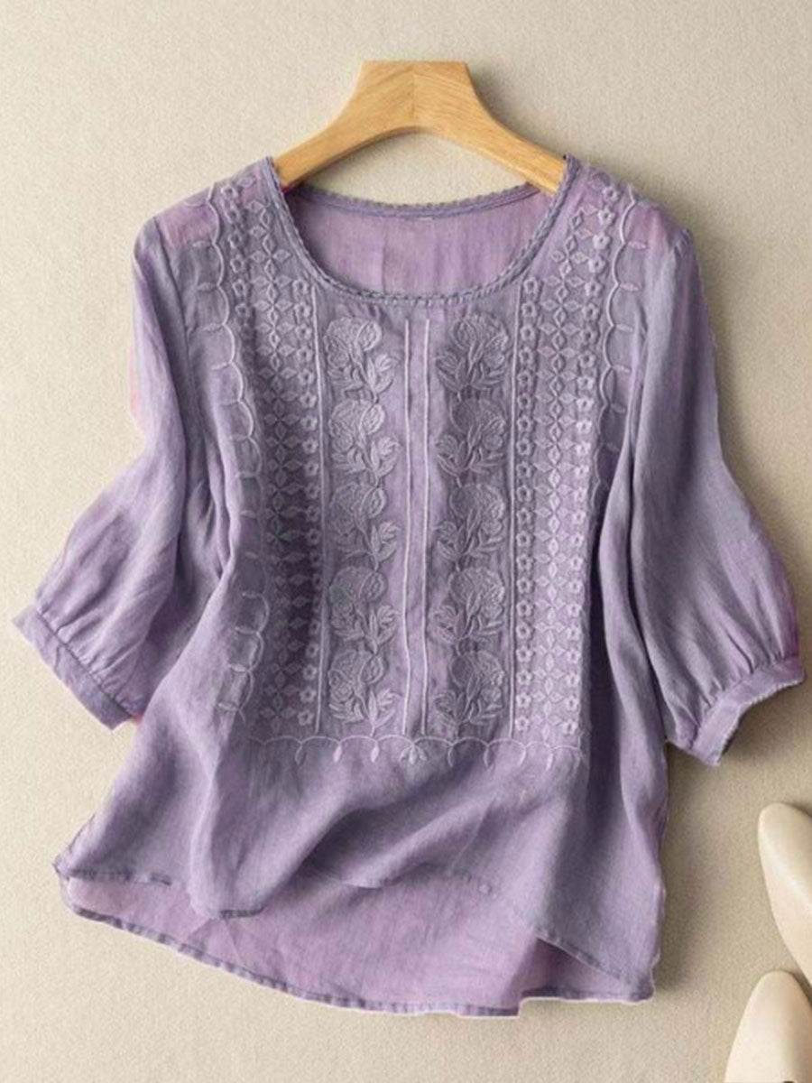 Amaia | Camiseta de mujer de algodón y lino con flores