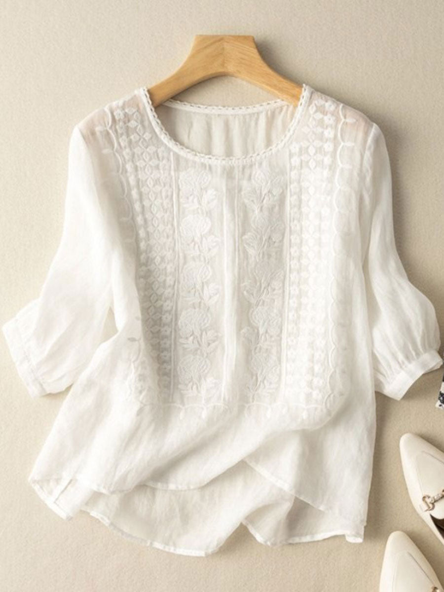 Amaia | Camiseta de mujer de algodón y lino con flores
