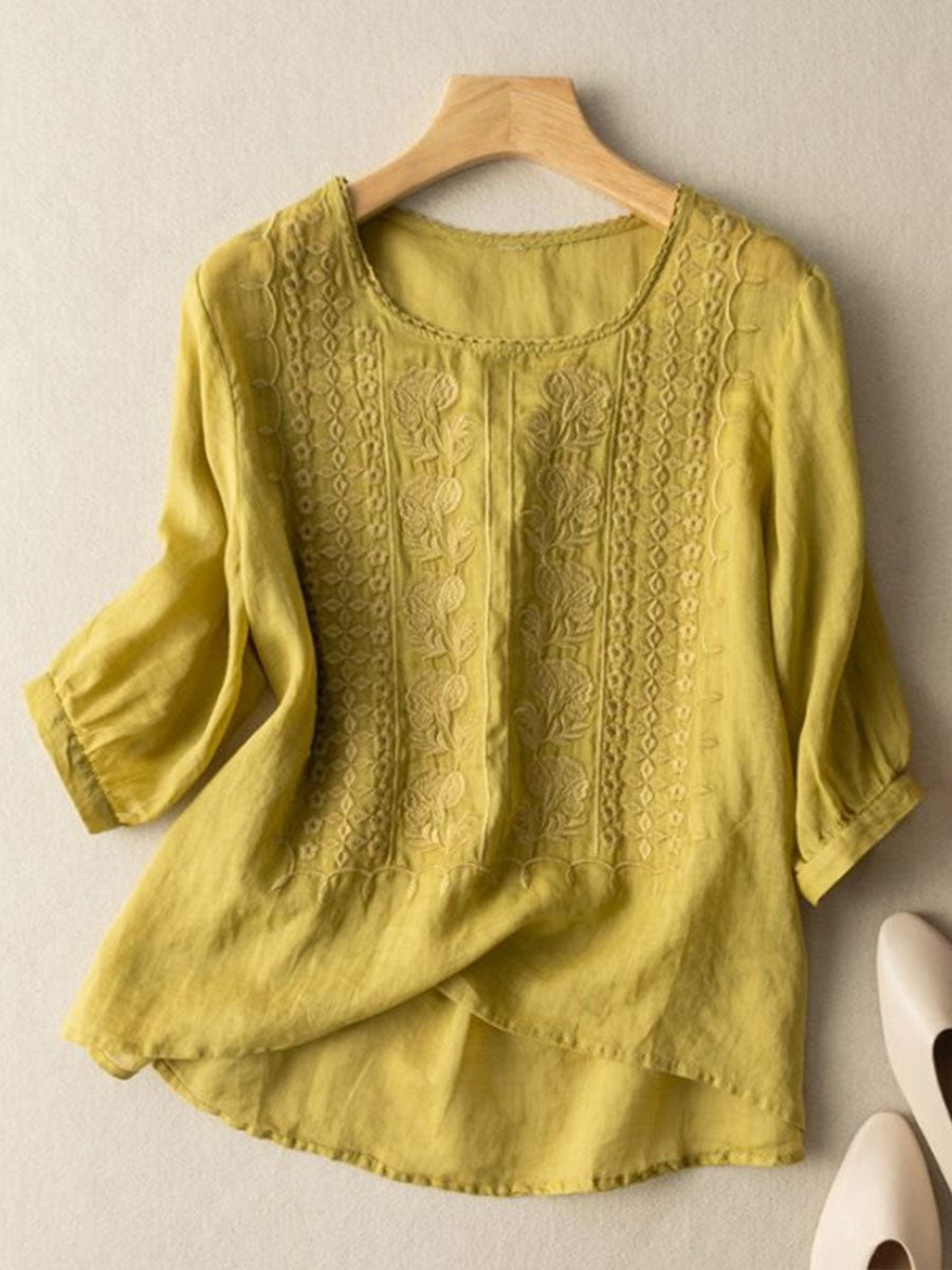 Amaia | Camiseta de mujer de algodón y lino con flores