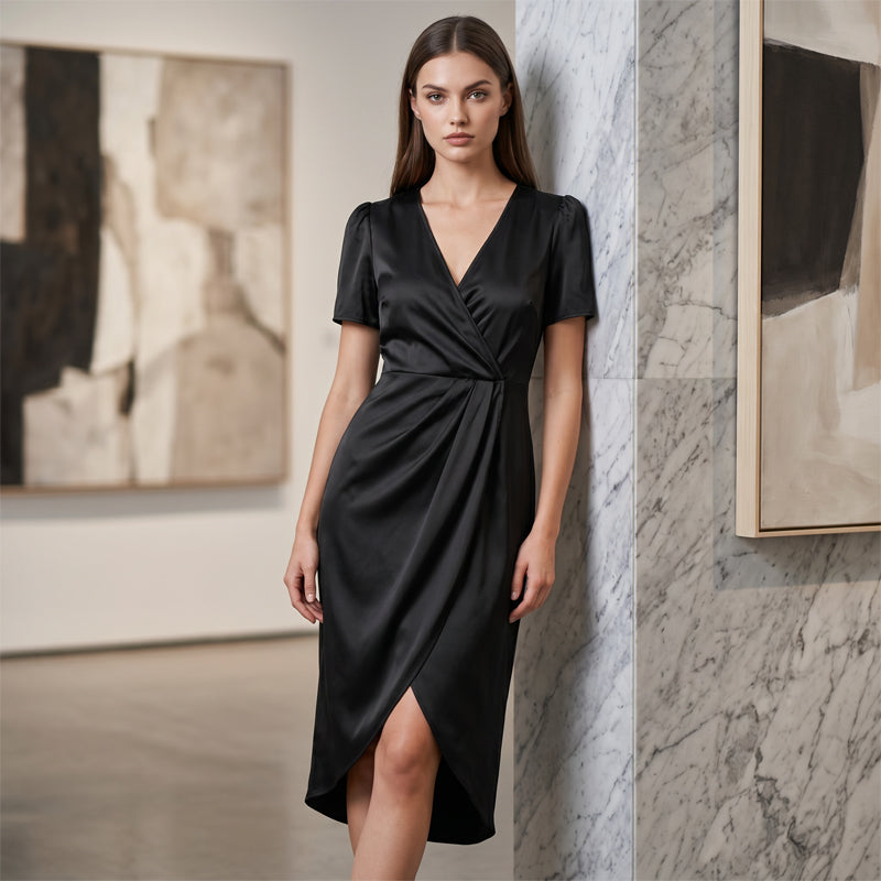 Herminia | Vestido cruzado asimétrico para mujer, con mangas cortas y escote en V.
