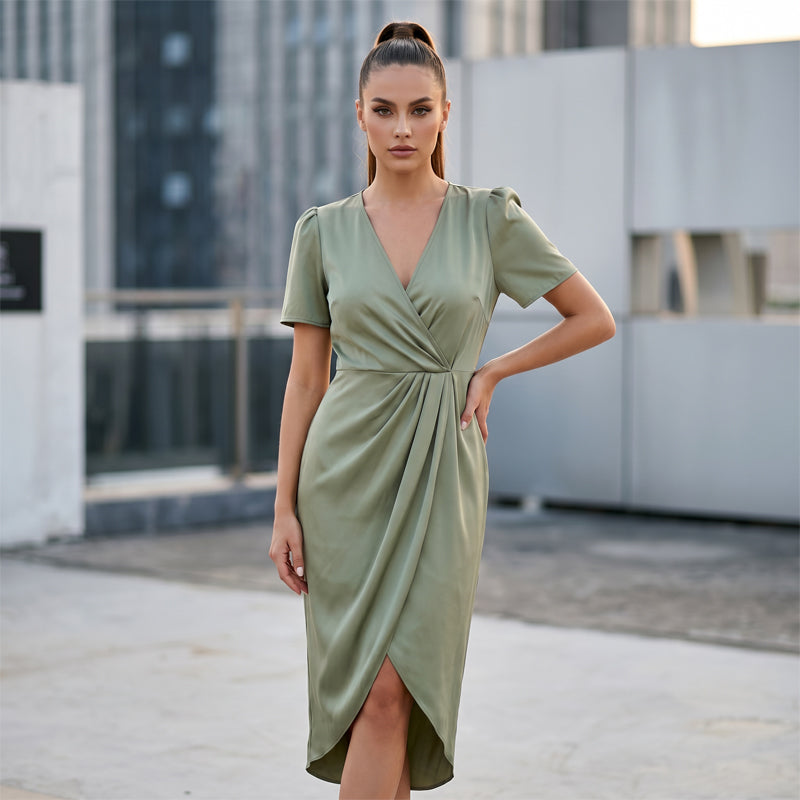 Herminia | Vestido cruzado asimétrico para mujer, con mangas cortas y escote en V.