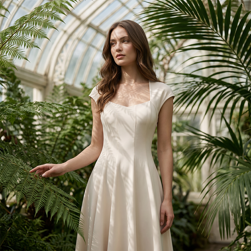 Almudena | Elegante vestido de línea A para mujer, con escote cuadrado, corte entallado y largo.