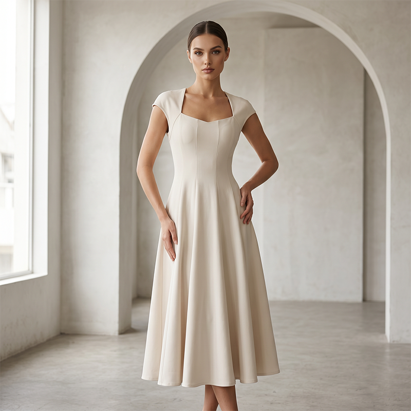 Almudena | Elegante vestido de línea A para mujer, con escote cuadrado, corte entallado y largo.