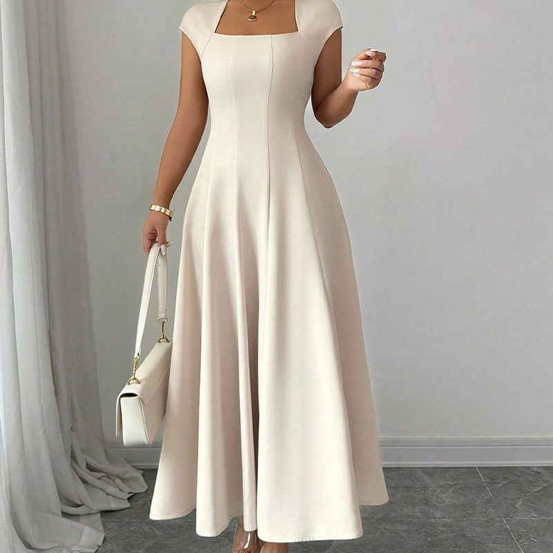 Almudena | Elegante vestido de línea A para mujer, con escote cuadrado, corte entallado y largo.