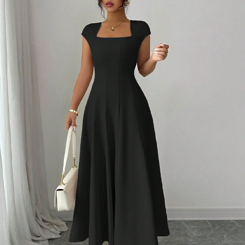 Almudena | Elegante vestido de línea A para mujer, con escote cuadrado, corte entallado y largo.