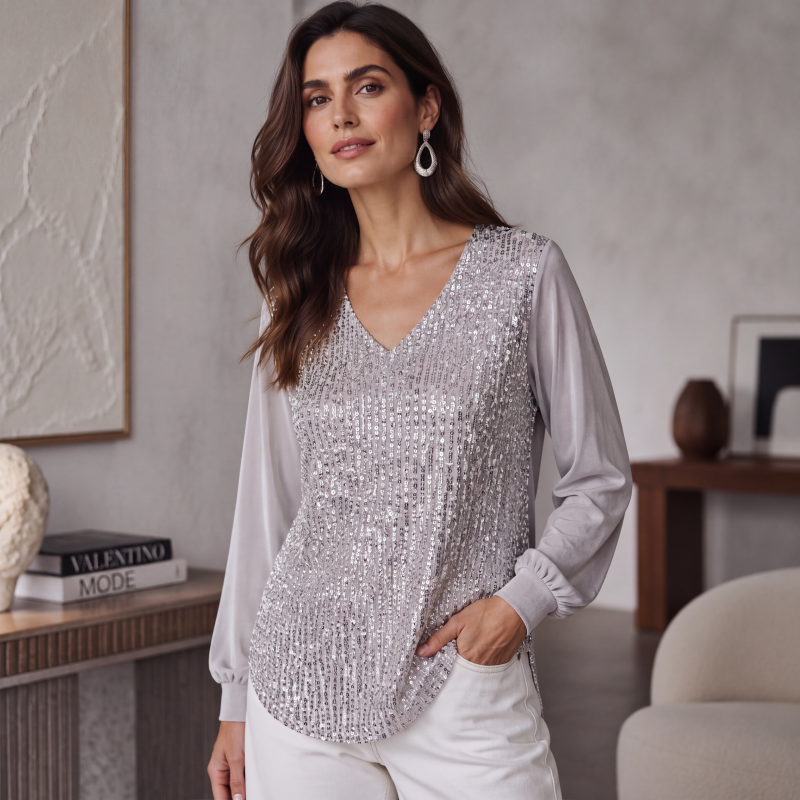 Lourdes | Elegante top de lentejuelas con escote en V para mujer.