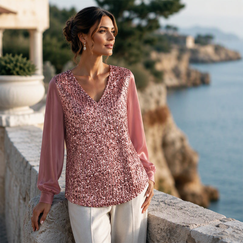 Lourdes | Elegante top de lentejuelas con escote en V para mujer.