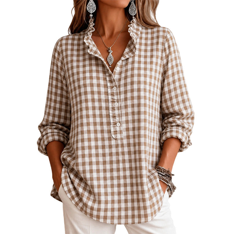 Adela | Blusa Casual de Manga Larga a Cuadros con Volantes para Mujer