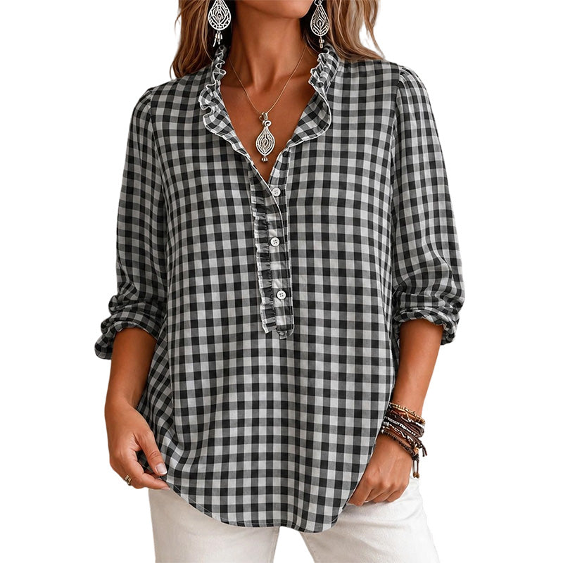 Adela | Blusa Casual de Manga Larga a Cuadros con Volantes para Mujer