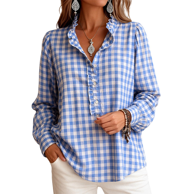 Adela | Blusa Casual de Manga Larga a Cuadros con Volantes para Mujer