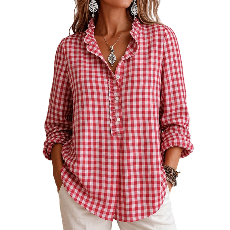 Adela | Blusa Casual de Manga Larga a Cuadros con Volantes para Mujer