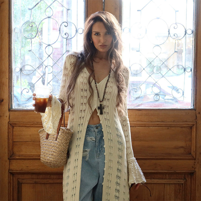 Cárdigan largo de crochet calado para mujer, look informal