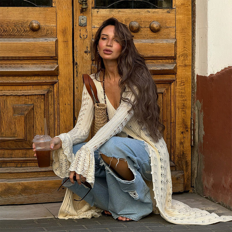 Cárdigan largo de crochet calado para mujer, vista trasera