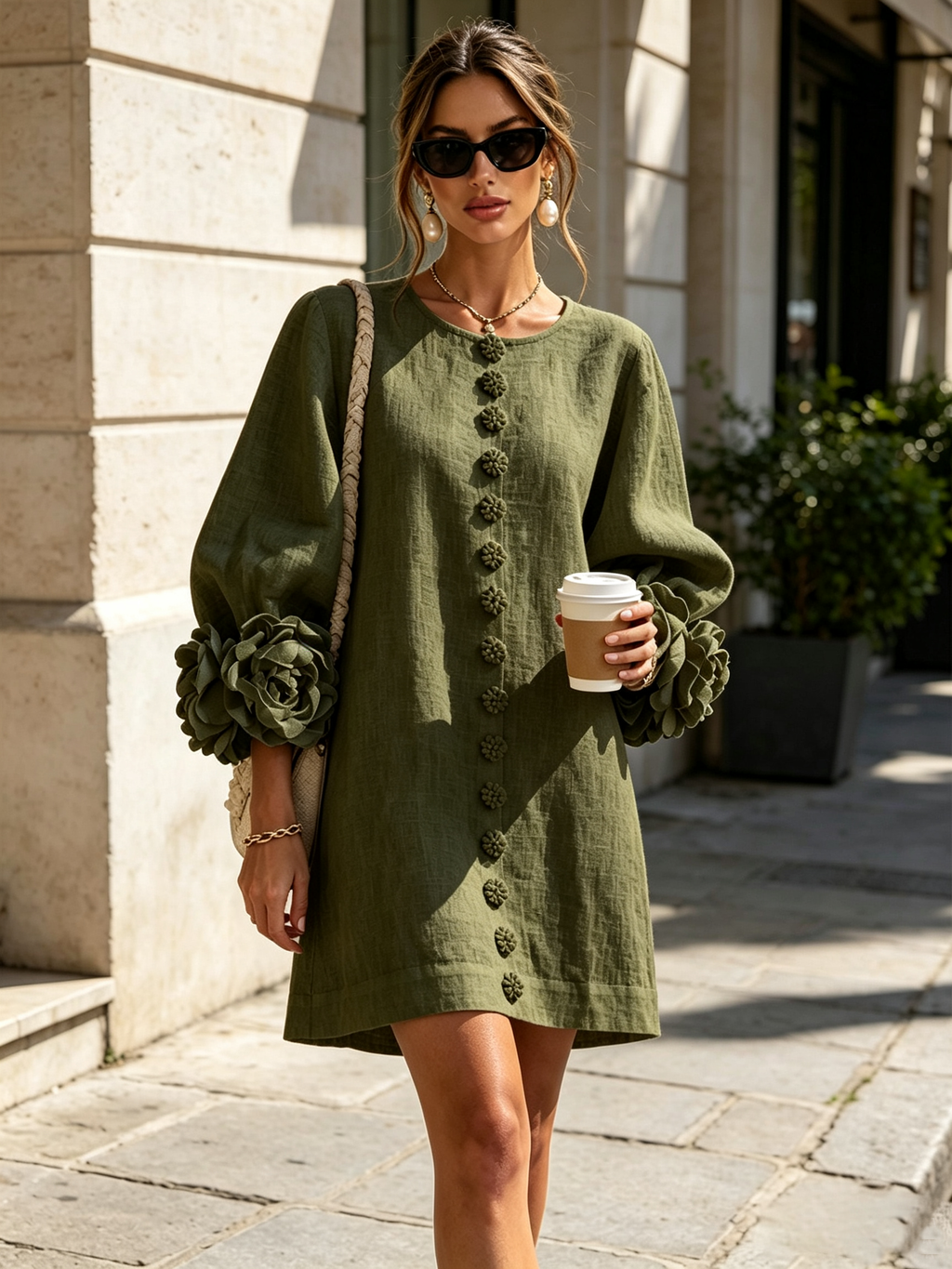 Vestido mini verde oliva con puños florales - look exterior