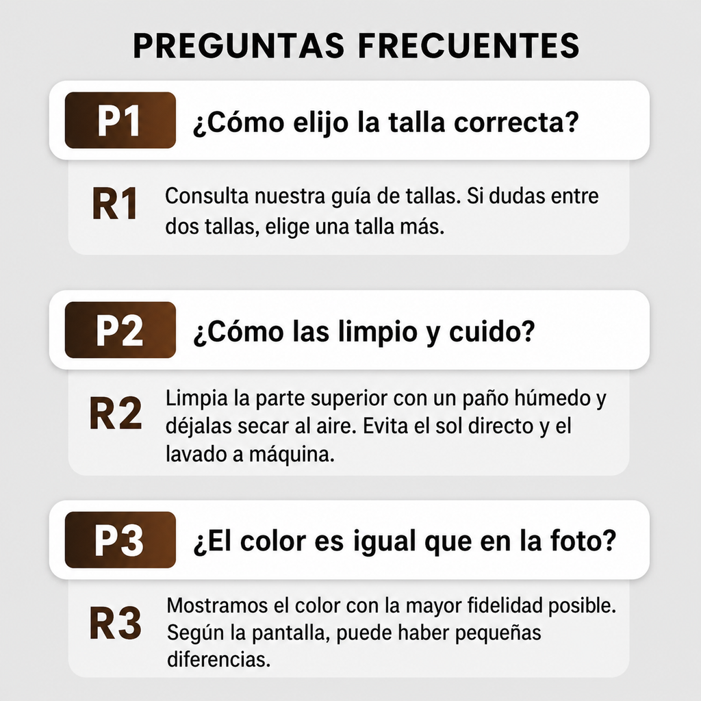 Preguntas frecuentes sobre talla, limpieza y color de las zapatillas