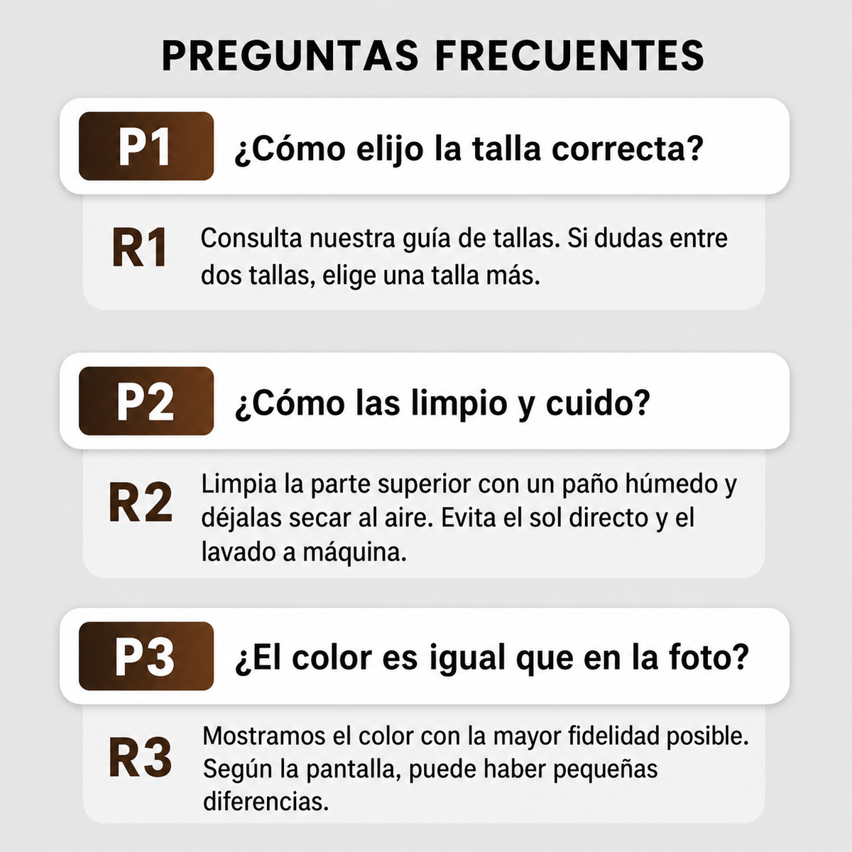 Preguntas frecuentes sobre talla, limpieza y color de las zapatillas
